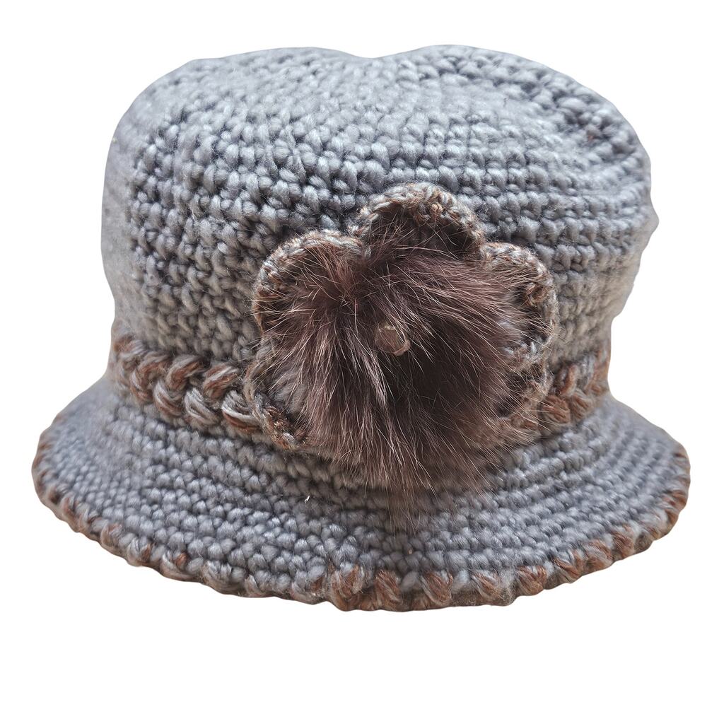 Thick knit lined Winter Hat Fur Rhinestone trim One Size Grey knit Brown trim